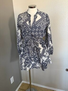 Zara Navy and White Printed Shirt Dress